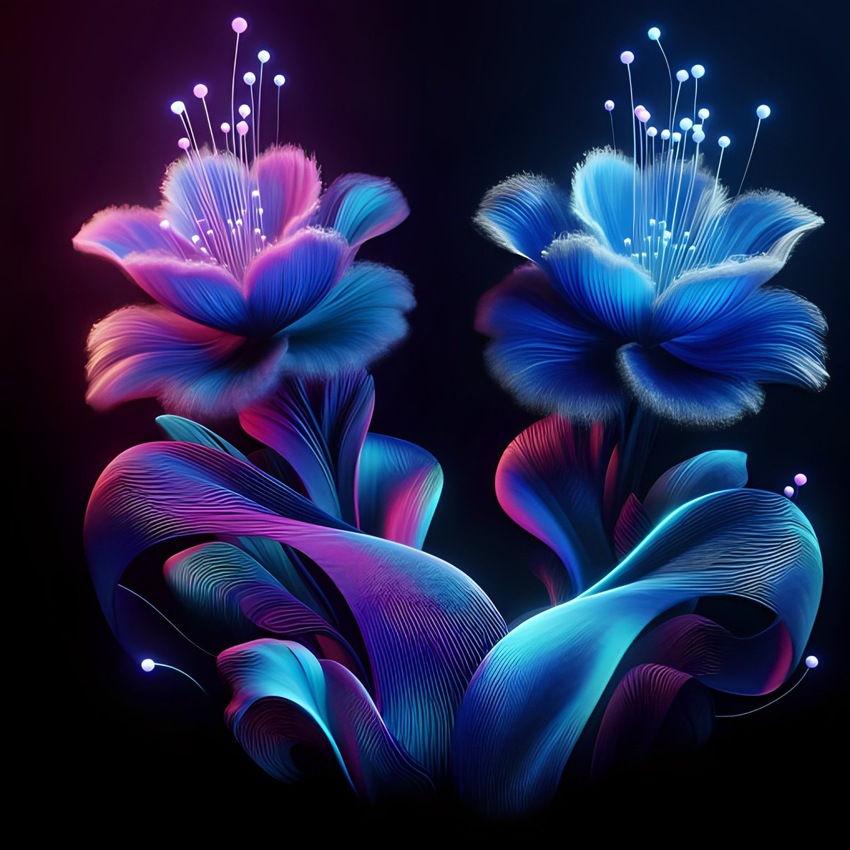 Embracing the mesmerizing glowwave of these ethereal blooms, lighting up the night with their hyperrealistic marine beauty. 🌌🌸 #NatureMagic #GlowingFlowers 🆀🆃 ♻ Your 𝗚𝗹𝗼𝘄𝗶𝗻𝗴 𝗙𝗹𝗼𝘄𝗲𝗿𝘀 Art. #MakeArtSmiles 🤜🤛🏼 ☞ 𝗔𝗟𝗧. Flowers 𝗔𝗹𝗯𝘂𝗺 #Prompt 𝗦𝗵𝗮𝗿𝗲.