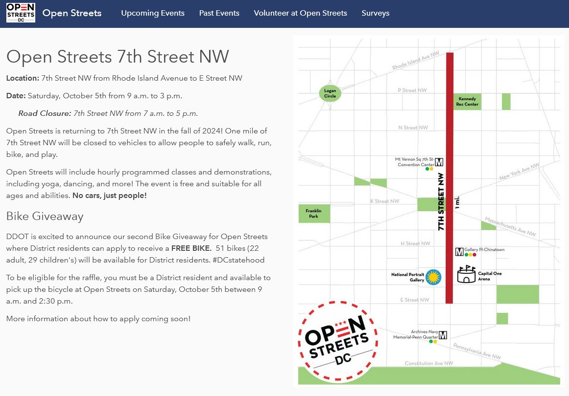 ZachBIsrael's tweet photo. Looks like @DDOTDC has quietly announced its first 2024 @openstreetsdc event: 9am-3pm on Sat., October 5 on a 1-mile stretch of 7th Street NW (between Rhode Island Ave. and E St. NW), in Ward 2! https://t.co/z4rTd08xfS @charlesallen @CMCharlesAllen @brookepintodc @CMBrookePinto https://t.co/5urUbMGeDu