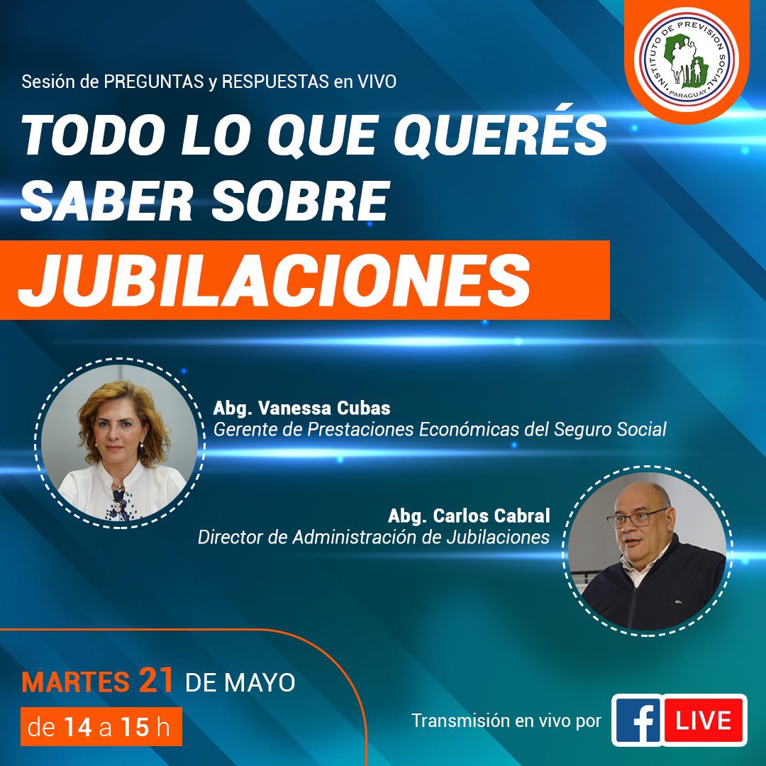 #TodoLoQueQuerésSaber sobre jubilaciones 📅 Mañana tendremos una transmisión en vivo por Facebook con la Gerente de Prestaciones Económicas, abogada Vanessa Cubas, y el Director de Jubilaciones, el Abogado Carlos Cabral. Habrá una sesión de preguntas y respuestas en vivo. 🗣️