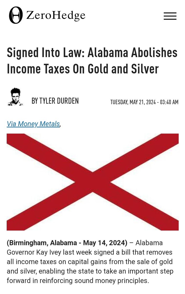 Signed Into Law: Alabama Abolishes Income Taxes on #Gold & #Silver.

#SilverSqueeze #Silverismoney #GotGold #GotSilver #KeepStacking #EndTheFed #BreakComex #DemandDelivery #inflation #inevitable #Tripledigitsilver #Tax

zerohedge.com/political/sign…