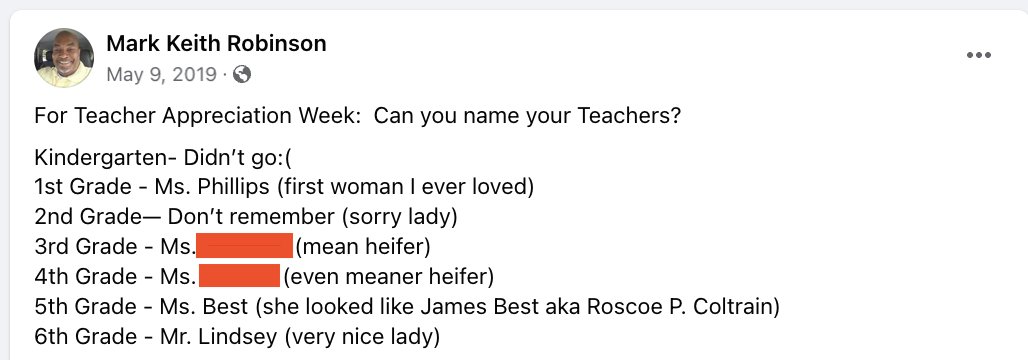 In case you were wondering if Mark Robinson really does respect teachers: During Teacher Appreciation Week in 2019 he put up a Facebook post to call female teachers he didn't like 'heifers.' Not enough to just keep his pie hole shut--he had to publicly insult them. #nced #ncpol
