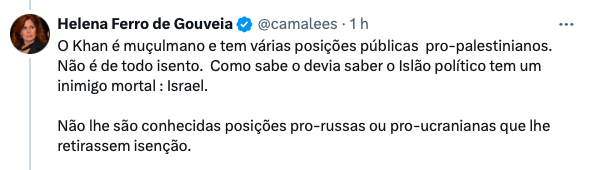 SerraSilvaSofia's tweet photo. Não vou fazer RT para não dar engajamento a este discurso, mas alguém tem de dizer o quanto lamentável isto é: questionar a idoneidade de Karim Khan (ICC's chief prosecutor) pela sua *religião*... enfim https://t.co/tbgiECXiJO