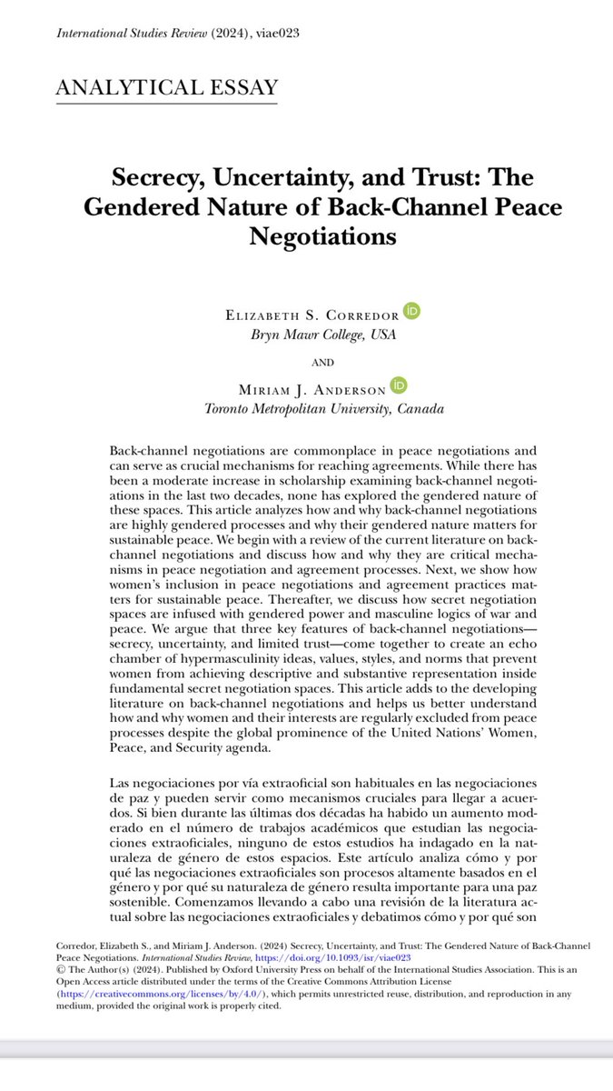 📣New publication📣 @Eliza_Corredor and I argue in @IntlStudiesRev that back-channel peace negotiations are highly gendered processes that lay the groundwork for the continued exclusion of women in peace talks #WPS @SSHRC_CRSH @rn_wps @raulpacheco academic.oup.com/isr/article/26…