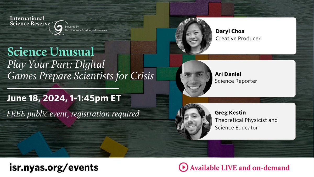 Join the #ISR on June 18 for a panel discussion on innovative approaches to prepare scientists for crisis via gamification! Featuring science reporter Ari Daniel, theoretical physicist & science educator @GKestin, & creative producer Daryl Choa. Register: bit.nyas.org/3WQ0Q6y