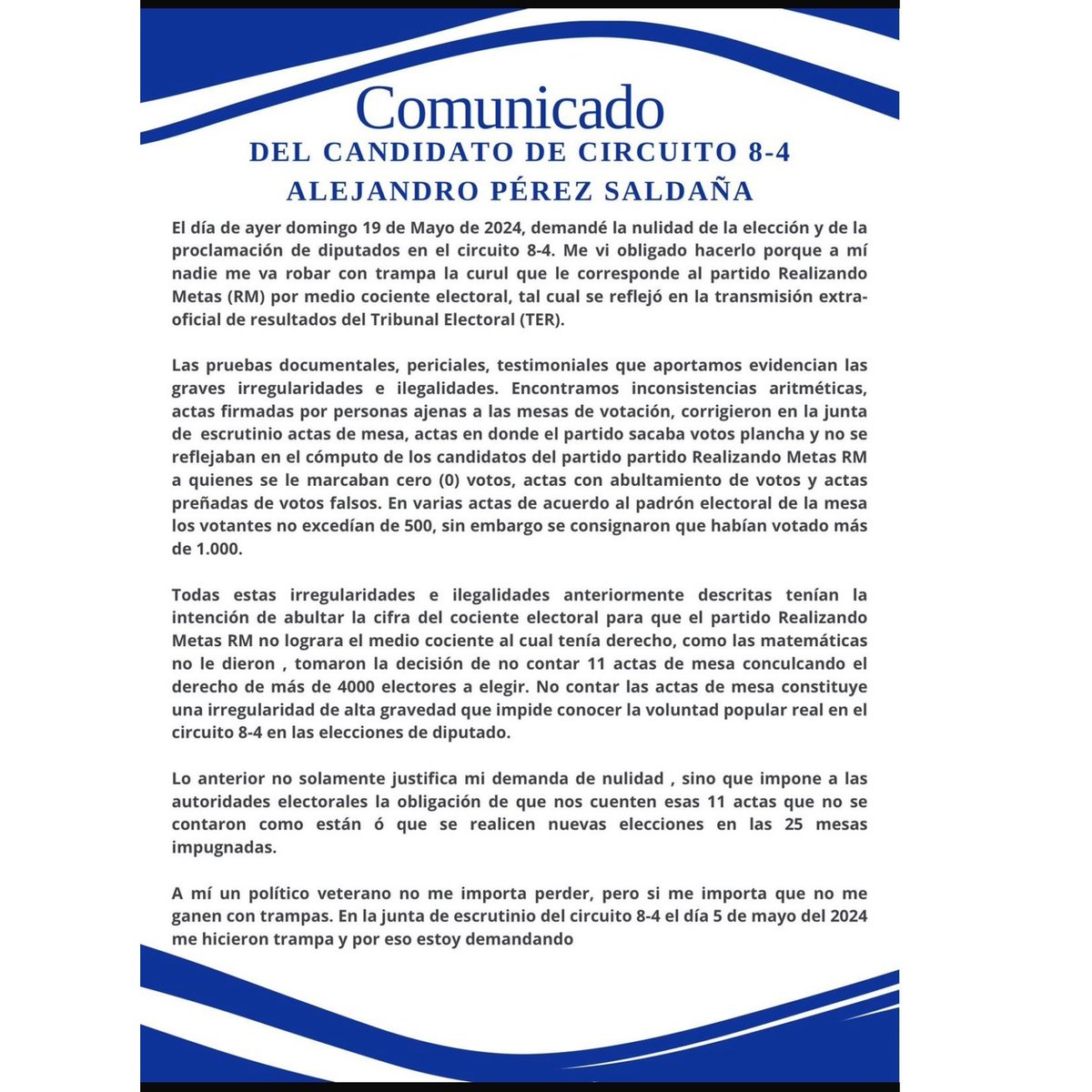 dumasinforma's tweet photo. #AlejandroPérez, candidato a diputado del partido #RealizandoMetas por el circuito 8-4, informó que presentó una "demanda de nulidad de la elección y de la proclamación de diputados" en esta circunscripción. https://t.co/pTy7LKik7M