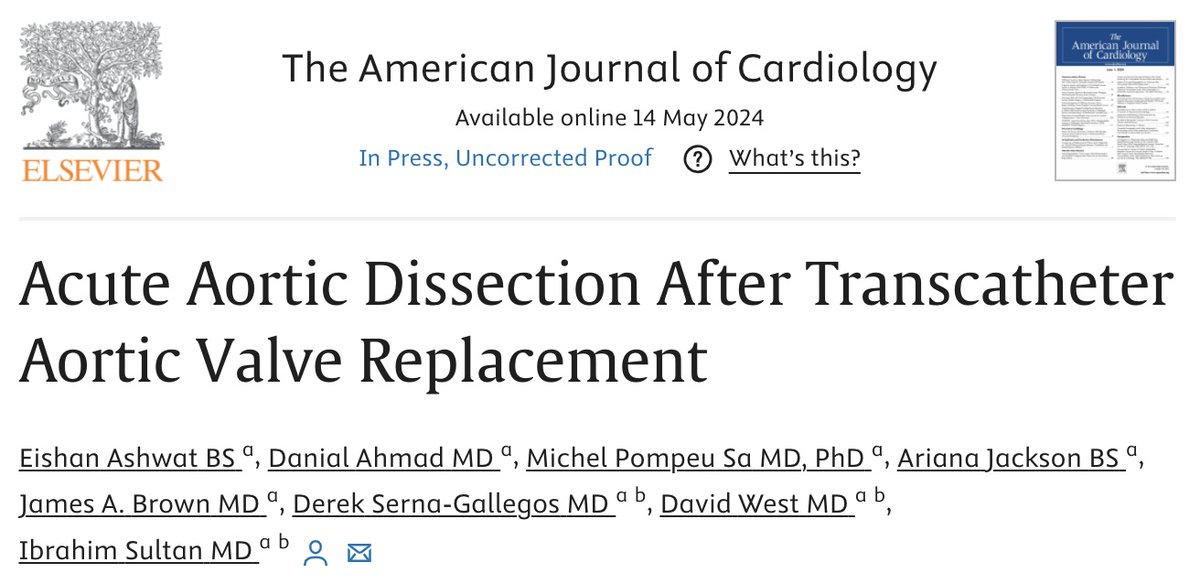 Single-center observational study shows acute #AorticDissection is a rare but often fatal complication after #TAVR
🔗: ajconline.org/article/S0002-…
@EishanAshwat @danial_ahmad93 @M_Pompeu_Sa_MD @DSGMD @IbrahimSultanMD @AmJCardio @HviUpmc #AAD #ATAAD