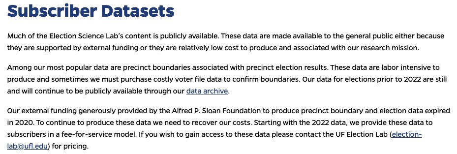 Cory McCartan (@corymccartan) on Twitter photo Just learned that the best precinct-level election data—from the great <a href="/vest_team/">VEST_Team</a>—is no longer funded and will require an expensive subscription for 2022 data & after!
An tragic failure of public & private grantmakers to support this critical resource.
election.lab.ufl.edu/paid-datasets/ Just learned that the best precinct-level election data—from the great <a href="/vest_team/">VEST_Team</a>—is no longer funded and will require an expensive subscription for 2022 data & after!
An tragic failure of public & private grantmakers to support this critical resource.
election.lab.ufl.edu/paid-datasets/