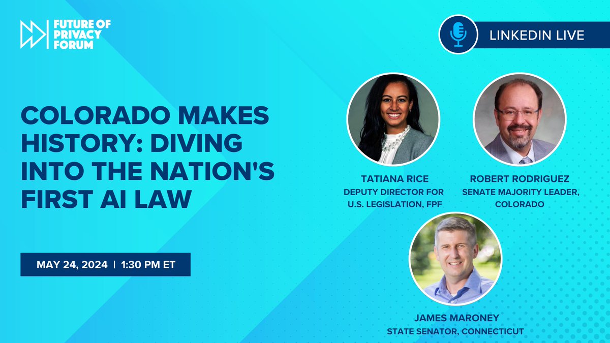 The first U.S. AI legislation passed last Friday in Colorado, following extensive stakeholder engagement. Join FPF’s @tatiianarice with @SenatorMaroney & @SenRobRodriguez to discuss the new law & process leading up to it Friday at 1:30 pm ET on #LinkedIn! linkedin.com/events/colorad…