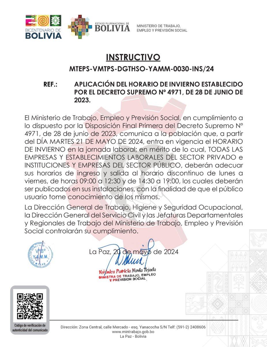 #INSTRUCTIVO | @MinTrabajoBol comunica que a partir del #21mayo entra en vigencia el#𝐇𝐨𝐫𝐚𝐫𝐢𝐨𝐃𝐞𝐈𝐧𝐯𝐢𝐞𝐫𝐧𝐨 en la jornada laboral para el #SectorPúblicoYPrivado, que deberán adecuar sus horario de ingreso y salida, de horas 09:00 a 12:30 y de 14:30 a 19:30.