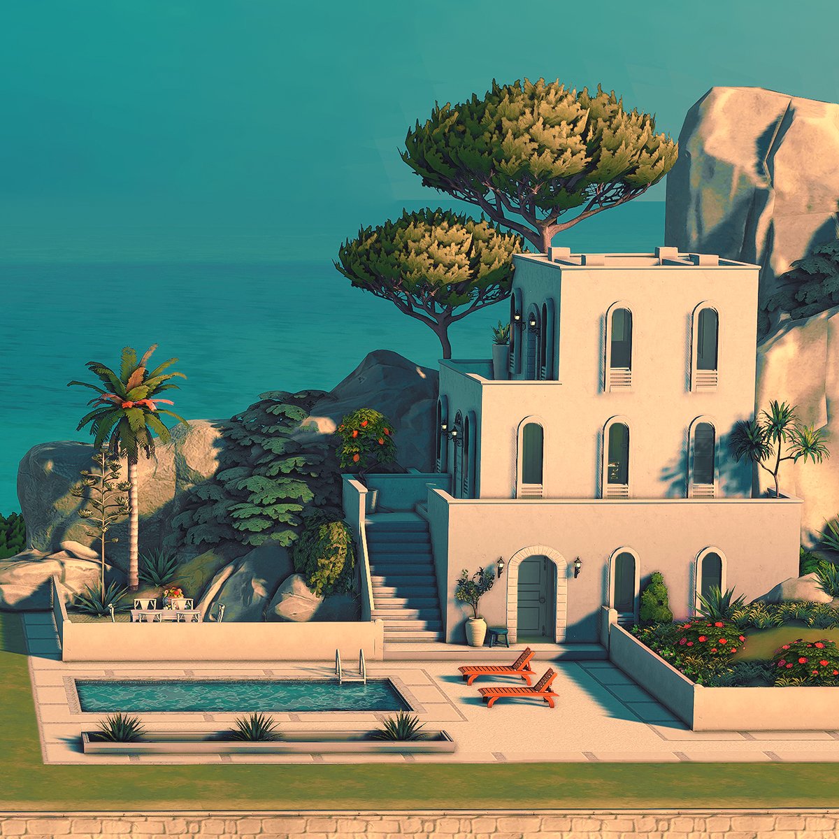 Tartosa Vacation Rental 🌅 (no CC) Newly married and looking for a honeymoon destination? Or just want to have a fling? I got you covered! You can download this modern Mediterranean rental via the gallery! My ID is volcantdoit ☀️ #showusyourbuilds #thesims4