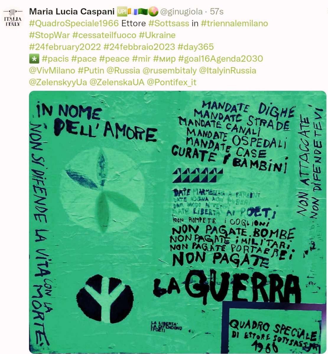 #QuadroSpeciale1966 Ettore #Sottsass 
già in mostra #triennalemi 
#StopWar #cessateilfuoco
#21May #21maggio2024
*️⃣ #pacis #mir #paz #paix
#goal16 #Agenda2030 @UN
#PremioPaceCentroArteSeverMI 
#Culture4Peace #SoloPace 
@VivMilano @marianninapelle @Cica7981 @LaFrauMi1 @notizioso