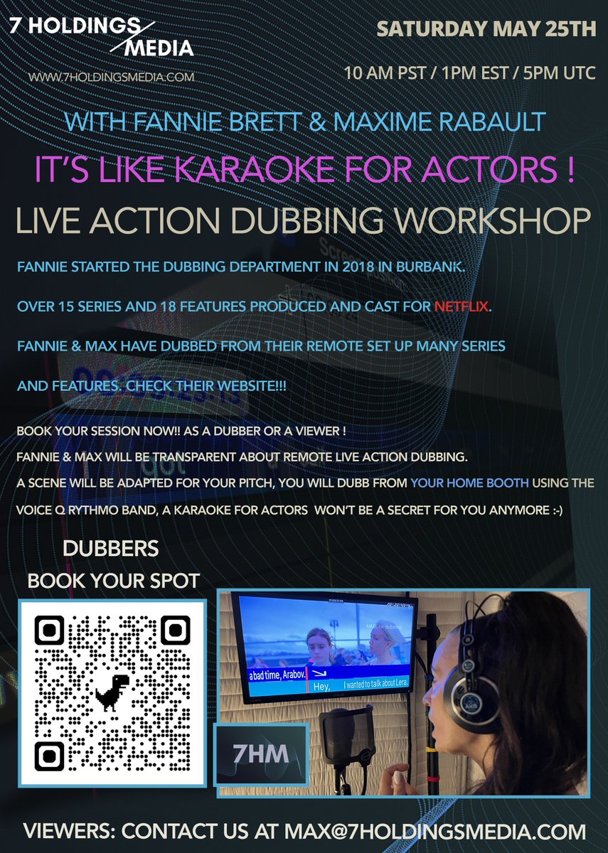 MAX_7HM (@max_7hm) on Twitter photo Our next Live Action Dubbing workshop is in 5 days. You can book your spot now.
- Dubbers: calendly.com/max-7hm/live-a…
- Viewers: contact us at max@7holdingsmedia.com
#7HM #voiceQ #dubbing #remotework #coaching #voiceactors #voiceover #2024 #homestudio #sound #films #series Our next Live Action Dubbing workshop is in 5 days. You can book your spot now.
- Dubbers: calendly.com/max-7hm/live-a…
- Viewers: contact us at max@7holdingsmedia.com
#7HM #voiceQ #dubbing #remotework #coaching #voiceactors #voiceover #2024 #homestudio #sound #films #series