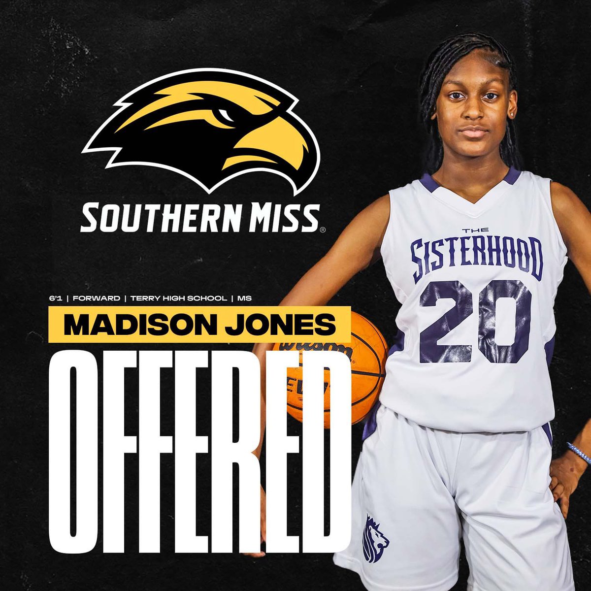im_madisonjones's tweet photo. After a great conversation with @CoachMcNelis, @CoachFarris54, &amp; @CoachBDW. I am blessed to receive an official offer from @SouthernMissWBB! #AGTG #SMTTT #MississippigirlsCANball | @TSHLadyLions @TerryHighBBGs https://t.co/N843l7mvb4