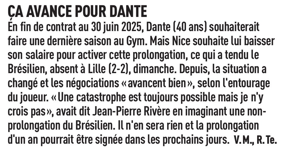 🗞️ Le dénouement est proche pour la prolongation de Dante, qui pourrait être signée dans les prochains jours ! #OGCNice

(@lequipe