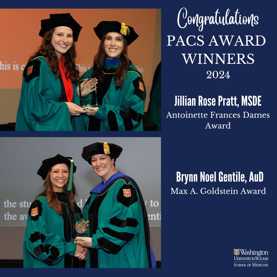 Congrats to PACS award recipients Jillian Rose Pratt, MSDE, who received the Antoinette Frances Dames Award for outstanding scholarship in teaching the hearing impaired, and Brynn Noel Gentile, AuD, who received the Max A. Goldstein Award for excellence and professional promise.