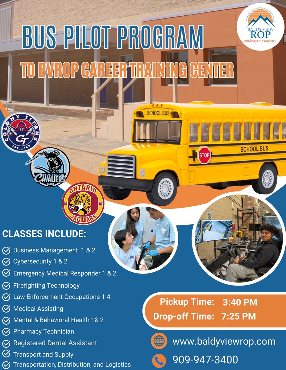 BaldyViewROP's tweet photo. Exciting news! Students from Colony, Montclair, and Ontario High Schools can now access transportation to our Career and Training Center in Ontario starting this fall. Don't miss the chance to take a BVROP class at our CTC center! #careertechnicaleducation #transportation #bvrop https://t.co/RoIL0mAo94