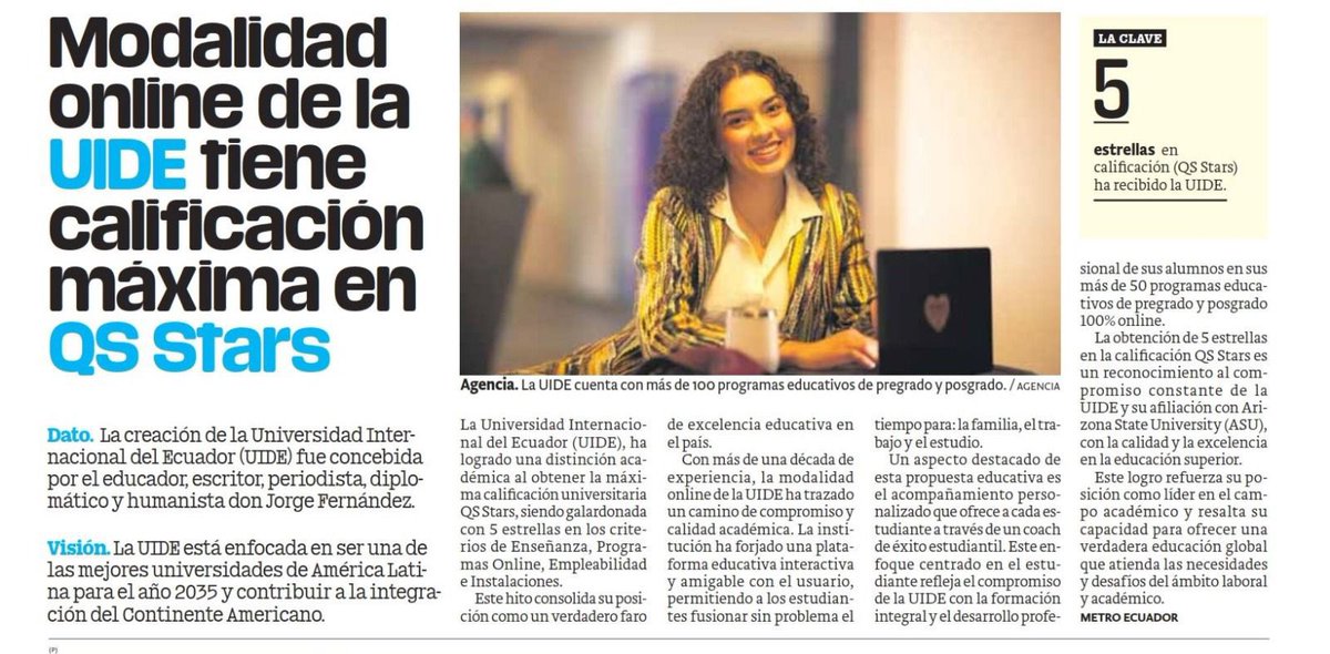 UIDE's tweet photo. 💻 #UIDEtoday | Te contamos que nuestra modalidad #online obtuvo la máxima calificación universitaria QS Stars; en la que además logramos 5 estrellas en los criterios de enseñanza, empleabilidad e instalaciones ⭐️.

Vía 👉🏻 @MetroEcuador. https://t.co/5AsFL2tFZj
