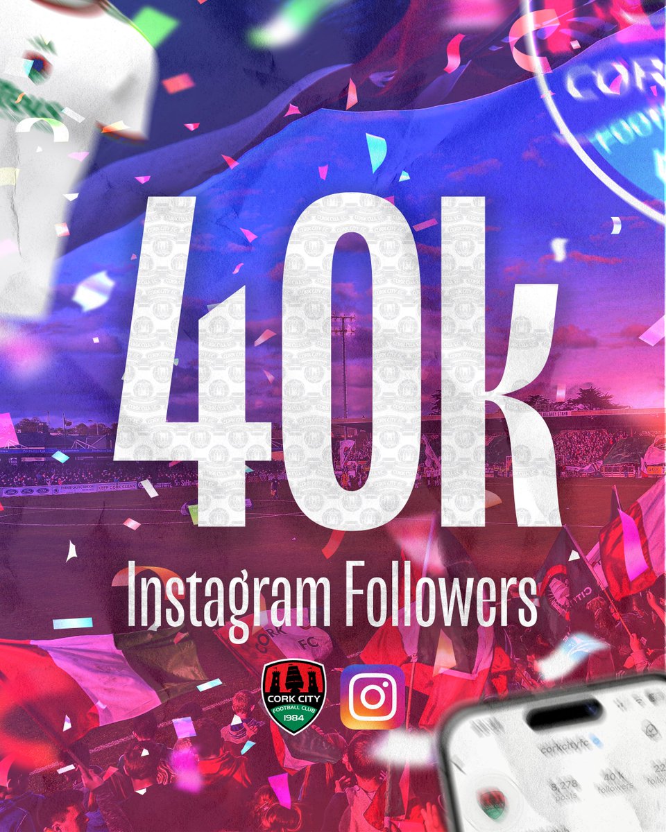 We've hit 40,000 followers on Instagram 🤩 Thank you for your support! How soon can we hit 50k? 👀 📲 If you haven't already, head over to @CorkCityFC on Instagram and make sure to follow ✅ #CCFC84 || #LOI