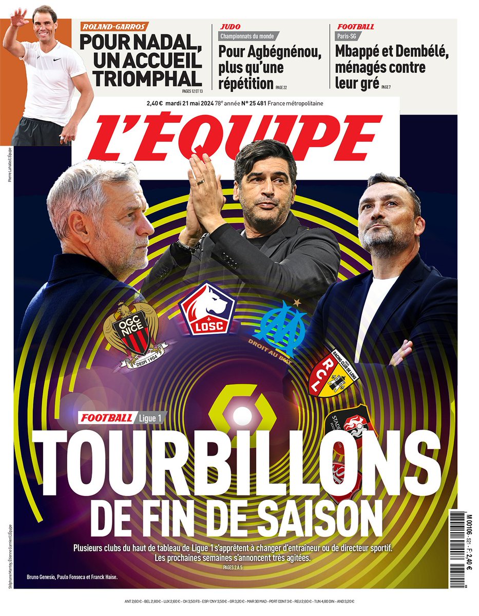 L'Équipe na edição de terça destaca o carrossel de treinadores que pode começar nas equipes da parte alta da Ligue 1. Paulo Fonseca (Lille) sabe que está no alto das preferências do Milan.