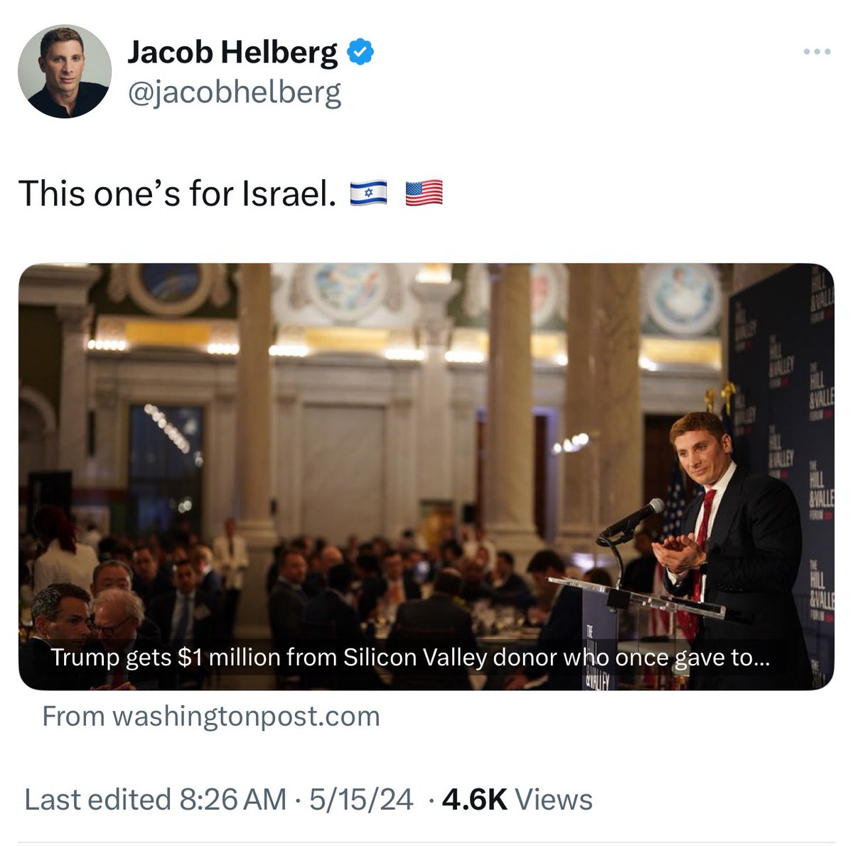 🚨 Jewish Democrat donor and @PalantirTech senior advisor @jacobhelberg says he won’t be supporting @JoeBiden anymore and will donate $1 MILLION to Donald Trump’s 2024 campaign. In a tweet, Helberg said his donation is in honor of Israel. Expect more Democrat Jewish