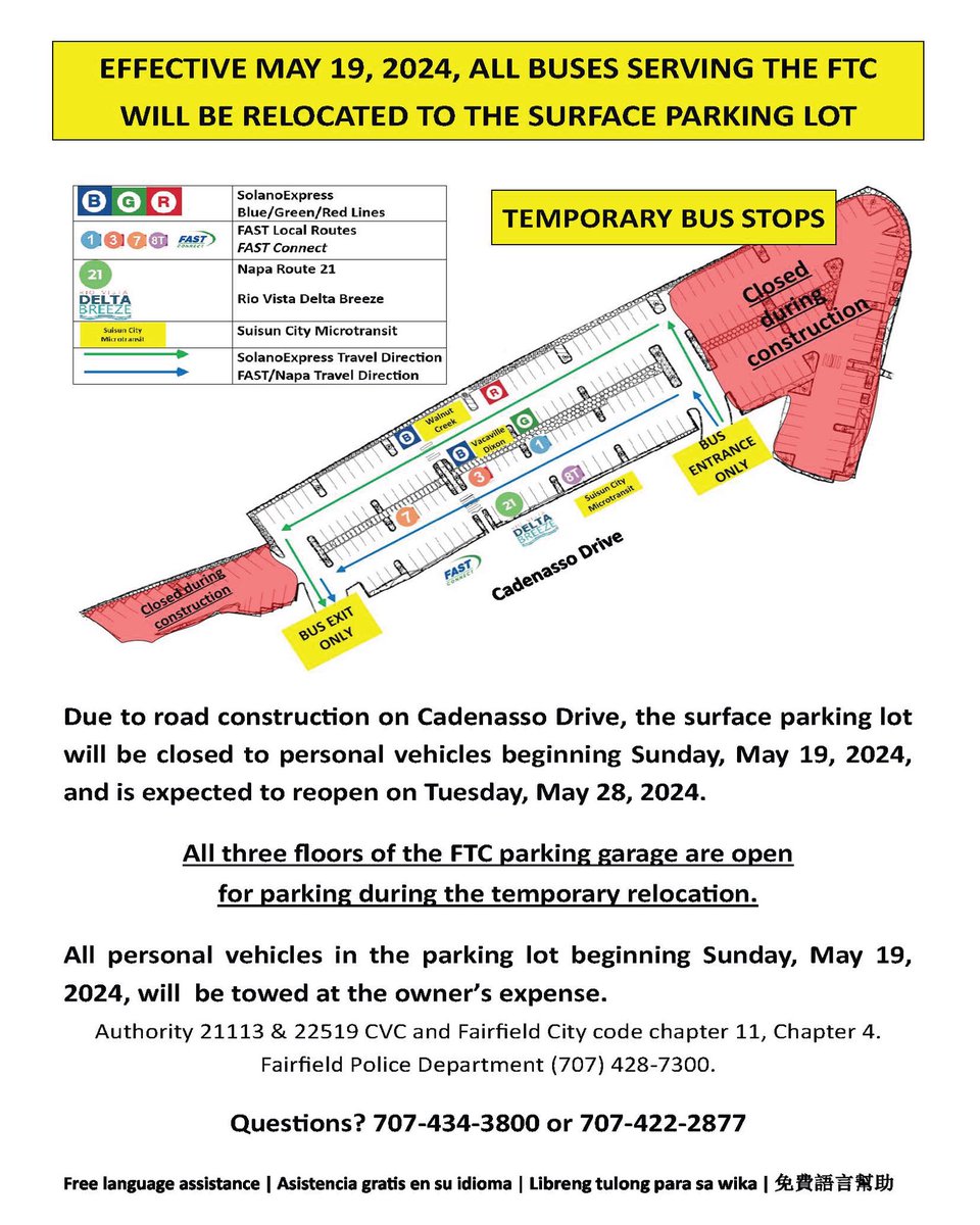 Due to road construction on Cadenasso Drive, all personal vehicles at the FTC will be required to park in the three story parking garage to allow for bus services to be moved into the parking lot.