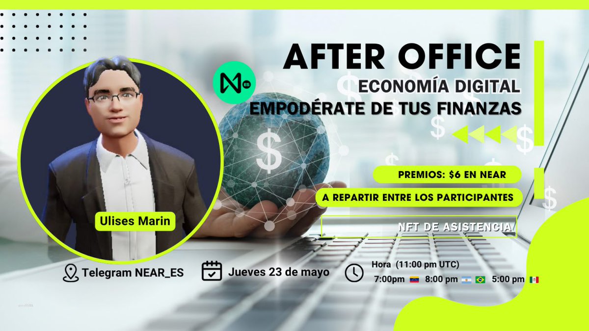web_3edu's tweet photo. Únete a nuestro NEAR ES #AfterOffice 🔥
¡Economía digital y #NEARProtocol! Continuación
En esta 2da. parte, seguiremos aprendiendo sobre las #DeFis en @NEARProtocol
📅 Jueves 23 de Mayo
⏰ 07:00 PM 🇻🇪 / 11:00 PM UTC
📍 https://t.co/QUBRkXS064
Premios en $NEAR y #NFT https://t.co/FjXSgncn5F