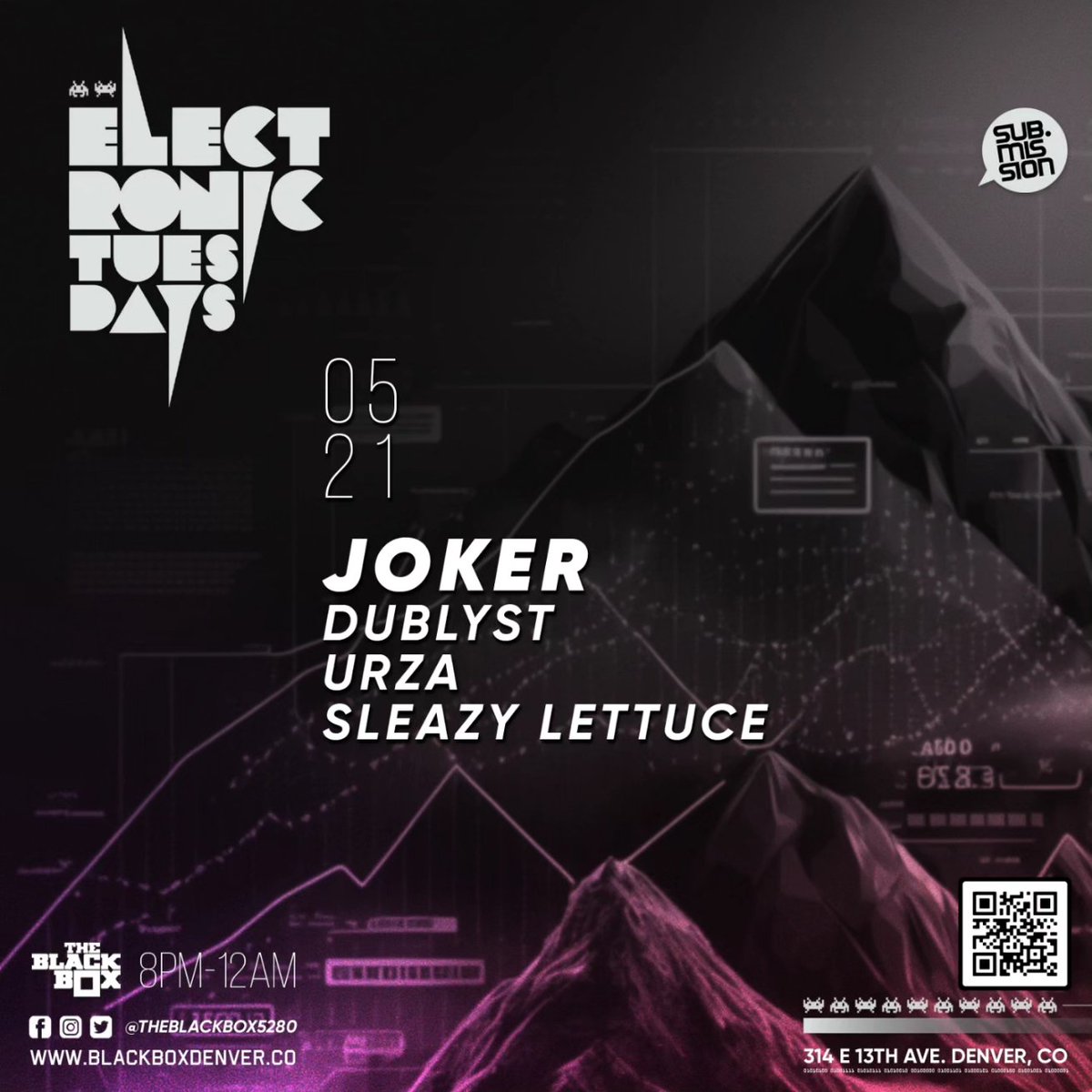 This week at @TheBlackBox5280 -- 05.21 Sub.mission presents Electronic Tuesdays: @Joker Weekly DJ Battle: Dublyst vs Urza vs. Sleazy Lettuce -- 🎟: bit.ly/SubmissionMay21