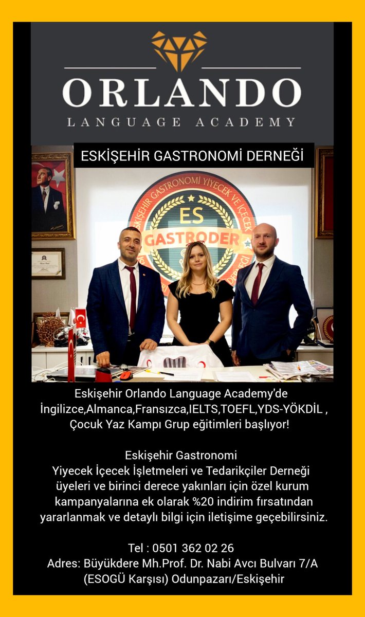 Değerli Üyelerimiz; Eskişehir Gastronomi Yiyecek İçecek İşletmeleri ve Tedarikçiler Derneği  üyeleri ve birinci derece yakınları için Eskişehir #OrlandoLanguageAcademy'de 
%20 indirim anlaşması yapılmıştır.

 Tel : 0501 362 02 26