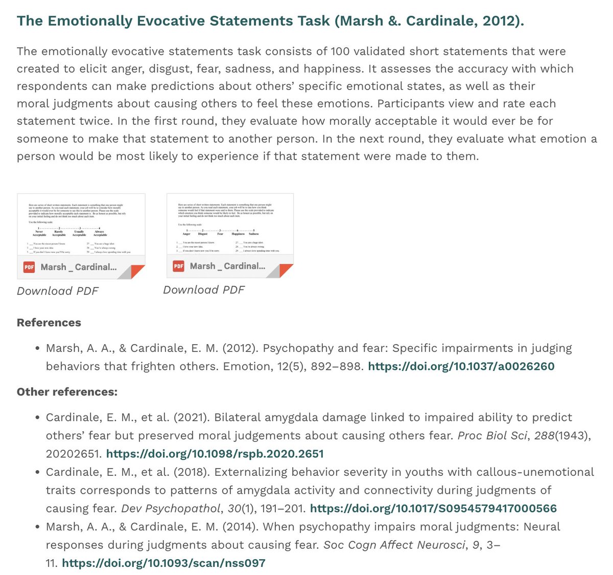 Abigail Marsh (@aa_marsh) on Twitter photo Looking for a social emotion recognition task (aka an emotion perspective-taking task) that doesn't involve faces? Check out <a href="/EliseCardinale/">Dr. Elise M Cardinale</a>'s Emotionally Evocative Statements task (EEST), validated in clinical, lesion, and fMRI samples and available here: abigailmarsh.com/research-measu… Looking for a social emotion recognition task (aka an emotion perspective-taking task) that doesn't involve faces? Check out <a href="/EliseCardinale/">Dr. Elise M Cardinale</a>'s Emotionally Evocative Statements task (EEST), validated in clinical, lesion, and fMRI samples and available here: abigailmarsh.com/research-measu…