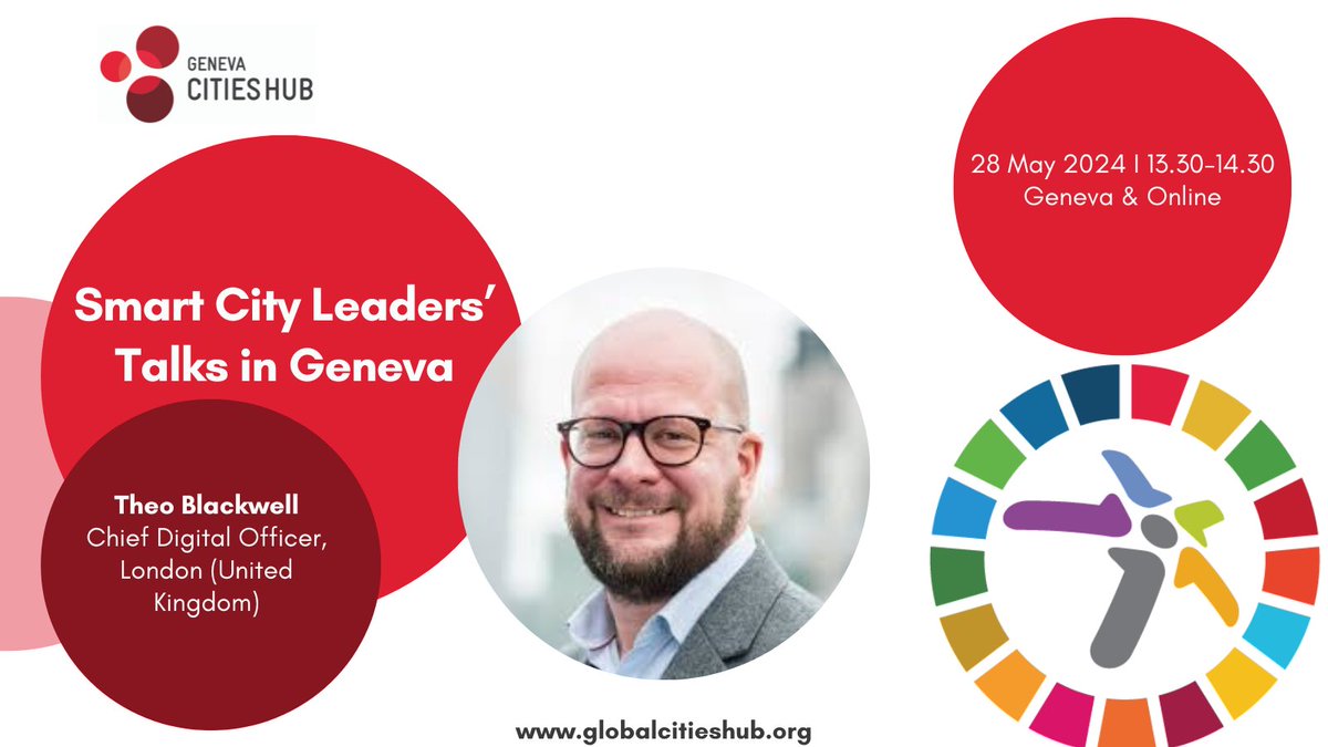 Exciting news! Theo Blackwell, Chief Digital Officer of London 🇬🇧, will be sharing insights at our Smart City Leaders’ Talks in Geneva on 28 May during #WSIS2024. Don't miss out on the latest in digital urban innovation! Learn more:globalcitieshub.org/en/smart-city-…