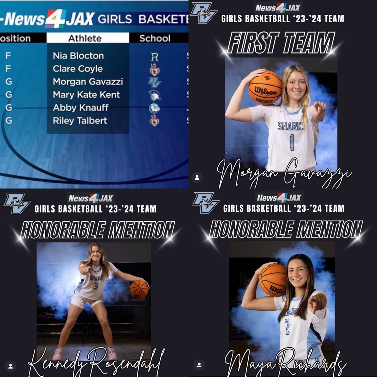 PVHS Girls Basketball (@pvhsgirlsbball) on Twitter photo Congratulations to <a href="/MorganGavazzi/">Morgan Gavazzi</a> on being selected to First Team <a href="/wjxt4/">News4JAX</a> 23-24 Basketball Team. Honorable mention recognition for <a href="/kennedyrosenda1/">Kennedy Rosendahl</a> and <a href="/Maya_Richards_/">Maya Richards</a> <a href="/PVSHARKSsports/">Ponte Vedra Athletics š¦</a>
Letās Go Sharks!! Congratulations to <a href="/MorganGavazzi/">Morgan Gavazzi</a> on being selected to First Team <a href="/wjxt4/">News4JAX</a> 23-24 Basketball Team. Honorable mention recognition for <a href="/kennedyrosenda1/">Kennedy Rosendahl</a> and <a href="/Maya_Richards_/">Maya Richards</a> <a href="/PVSHARKSsports/">Ponte Vedra Athletics š¦</a>
Letās Go Sharks!!