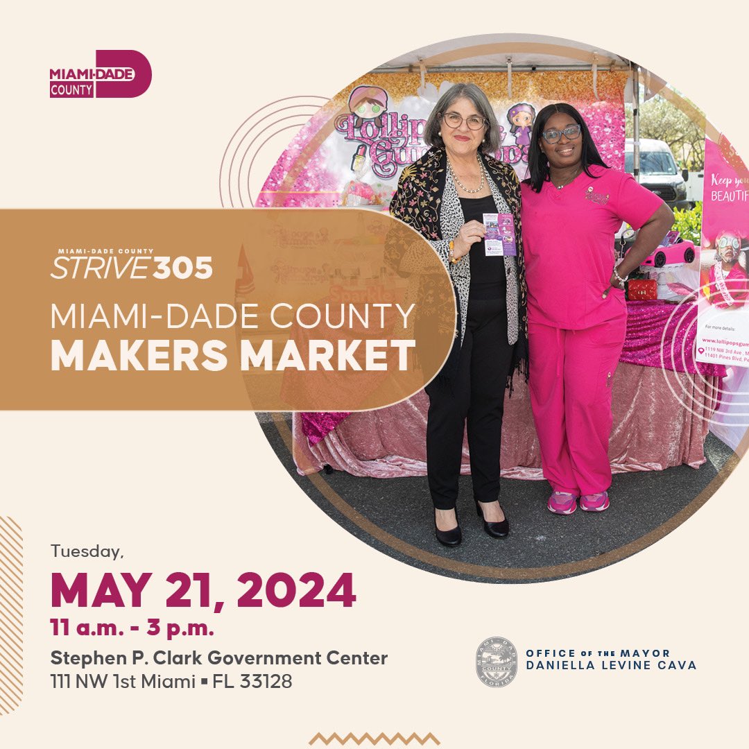 Join us at County Hall for our #Strive305 Makers Market tomorrow, May 21st, from 11am to 3pm! Discover unique products, support local small businesses, and connect with our community. Don't miss out on this exciting event! 🛍️ #SupportLocal