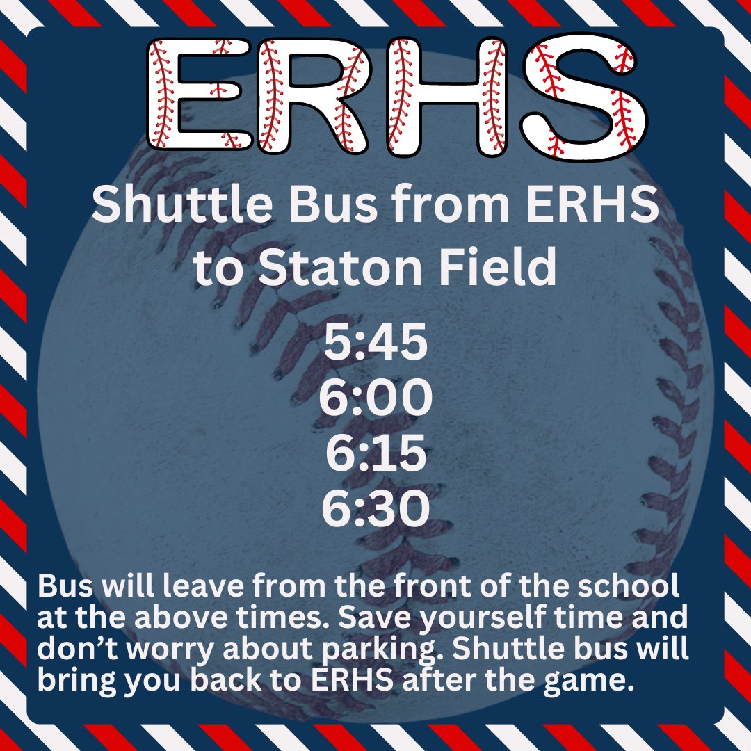 We can't wait to see all our Mustang Fans at Staton Field tomorrow night for baseball action. East Rowan vs. Tuscola @ 7:00 pm. Don't worry about finding parking and ride the shuttle bus! Bus will leave from the front of ERHS. #wEReast