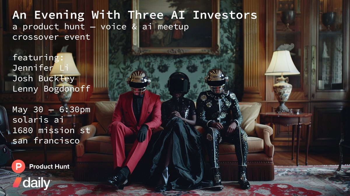 Join @rajivayyangar and me on Thursday May 30 at Solaris AI (@solarissociety) for a panel discussion with three very plugged-in AI investors: - @JenniferHli (@a16z) - @joshbuckley - @rememberlenny (the @aigrant ecosystem) There will be pizza and demos. (DM me if you want to