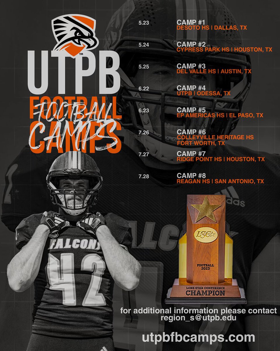 🚨CAMP ALERT🚨 The CHAMPS will be all over Texas this week! 5/23 - DeSoto HS (DFW) 5/24 - Cypress Park HS (Houston) 5/25 - Del Valle HS (Austin) Come learn from an ELITE staff that’s coached many people to the next level and EARN your offer! #FAMILLY Utpbfbcamps.com