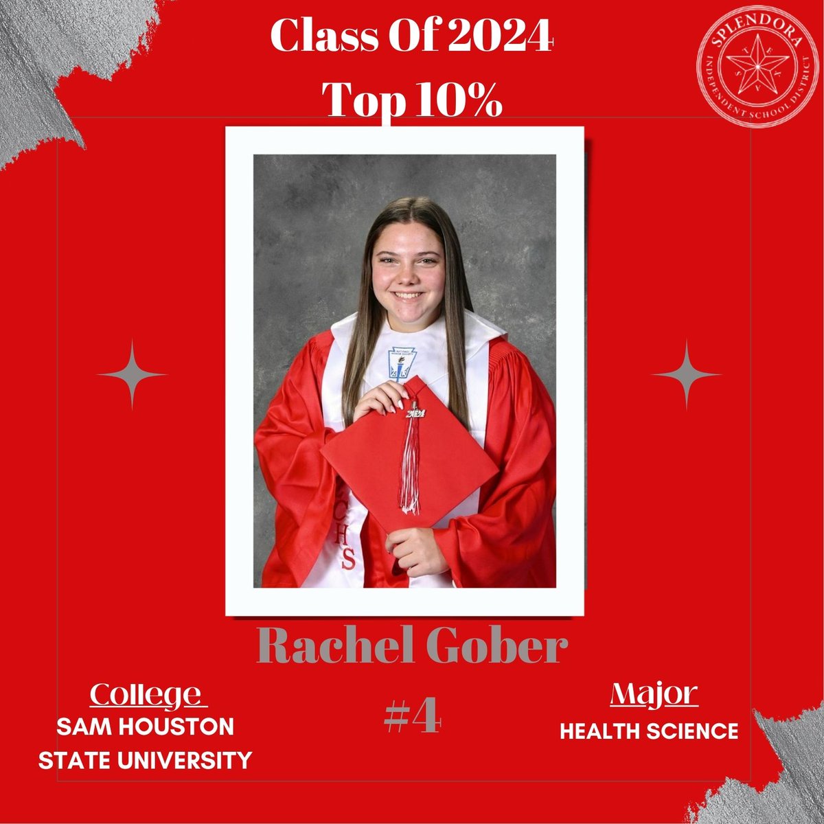 We would like to congratulate each student in the top 10 percent of the graduating 2024 class. We are very proud of their academic accomplishments. We will be counting down each day to celebrate each of our students' success. Congratulations, Rachel Gober -#4!