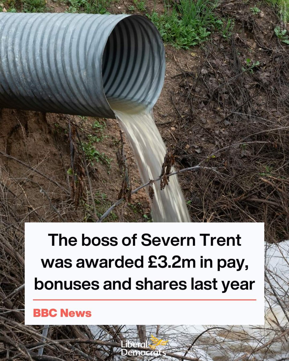 SLeics_LibDem's tweet image. Untreated sewage is pouring into UK waters more than 1,000 times a day.

Yet water company bosses are still being paid millions.

Liberal Democrats are calling for bonuses paid to water bosses to be banned until regular sewage dumps are ended.