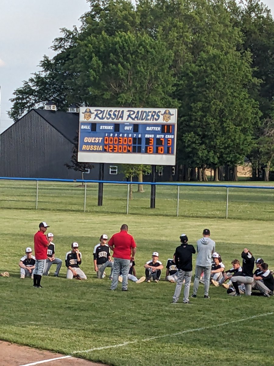 Russia advances to District Finals run ruling TVS 13-3 in 6. Braylon Cordonnier 3H with double &amp; 2RBI. Brayden Monnin 2H with homer &amp; 2RBI. Ben Rinderle also 2H and pitches 2-1/3 in relief 0R with 4K. Starter Jude Counts earns the win with 6K. Raiders vs Felicity Franklin on Wed.