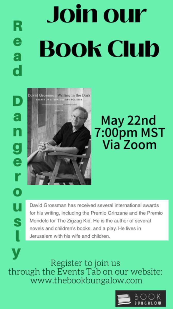Our Read Dangerously Book Club is meeting this week via Zoom to talk about WRITING IN THE DARK by David Grossman! Wanna join us? Register here: us02web.zoom.us/meeting/regist… @picadorbooks #booktwitter #Tbr #whattoread #shopindie #shopsmall #shoplocal