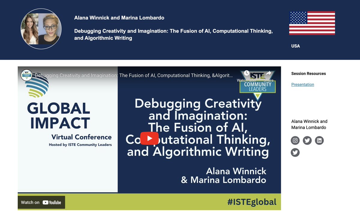 What does #AI, #computationalthinking and #Algorithmic #writing have in common? @AlanaWinnick and @MLombardoTeach have an amazing session from #ISTEglobal: bit.ly/ISTEglobal18 💻 #globalimpact: bit.ly/Global-Impact-…… #ISTELive is getting closer - say 👋 now!