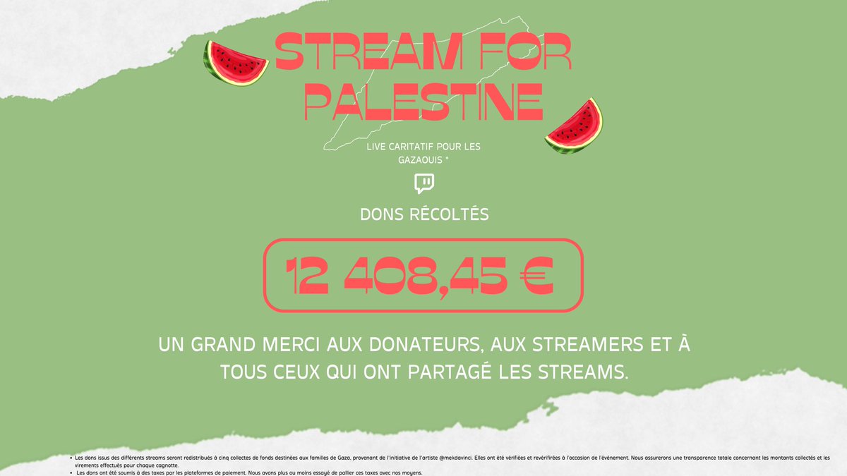 liliaaade's tweet photo. 🍉🇵🇸 STREAM FOR PALESTINE

Désolée pour l’annonce tardive. On a réussi à récolter 12k de dons pendant le week-end. Vraiment merci ❤️

On commence déjà à reverser les dons aux 5 cagnottes parrainées. On revient vers vous pour plus de détails. Encore merci aux streamers et à vous❤️ https://t.co/UcLVNWzLiT