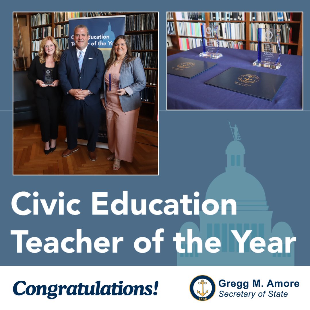 Congratulations to Shannon Gormley of <a href="/pvdschools/">Providence Public Schools</a> &amp; Crystal Bozigian of <a href="/nprovschools/">No. Prov. Schools</a> for being selected as the 2024 Civic Education Teachers of the Year! Thank you to the teachers, students, friends, &amp; family who joined us to celebrate. Learn more: ri.gov/press/view/475…