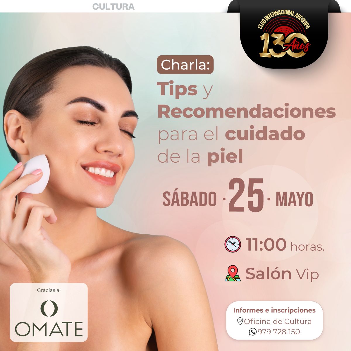 ClubInterAQP's tweet photo. 🎯 Los invitamos a participar de la charla "Tips y Recomendaciones para el cuidado de la piel".

✅A cargo de OMATE.
📆Sábado 25 de mayo.
🕛11:00 horas.
📍Salón VIP.

👉Entérate de todas nuestras actividades para socios del club en nuestros canales oficiales👈 https://t.co/MPvXfcMnry