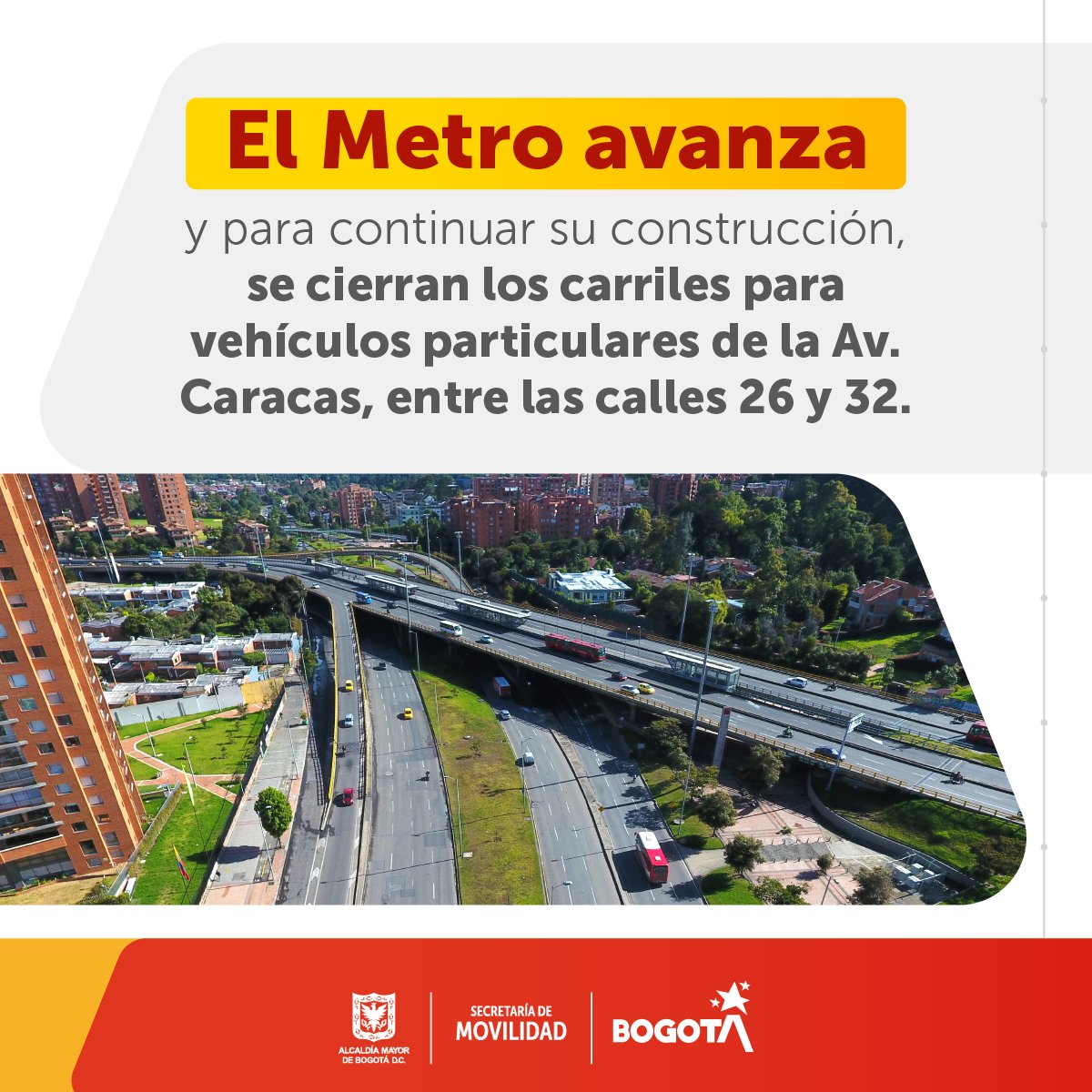 Si frecuentemente te mueves en carro por la av. Caracas, entre las calles 26 y 32, ten presente que por obras del @MetroBogota, a partir del 29 de mayo, estarán cerrados los carriles para vehículos particulares.