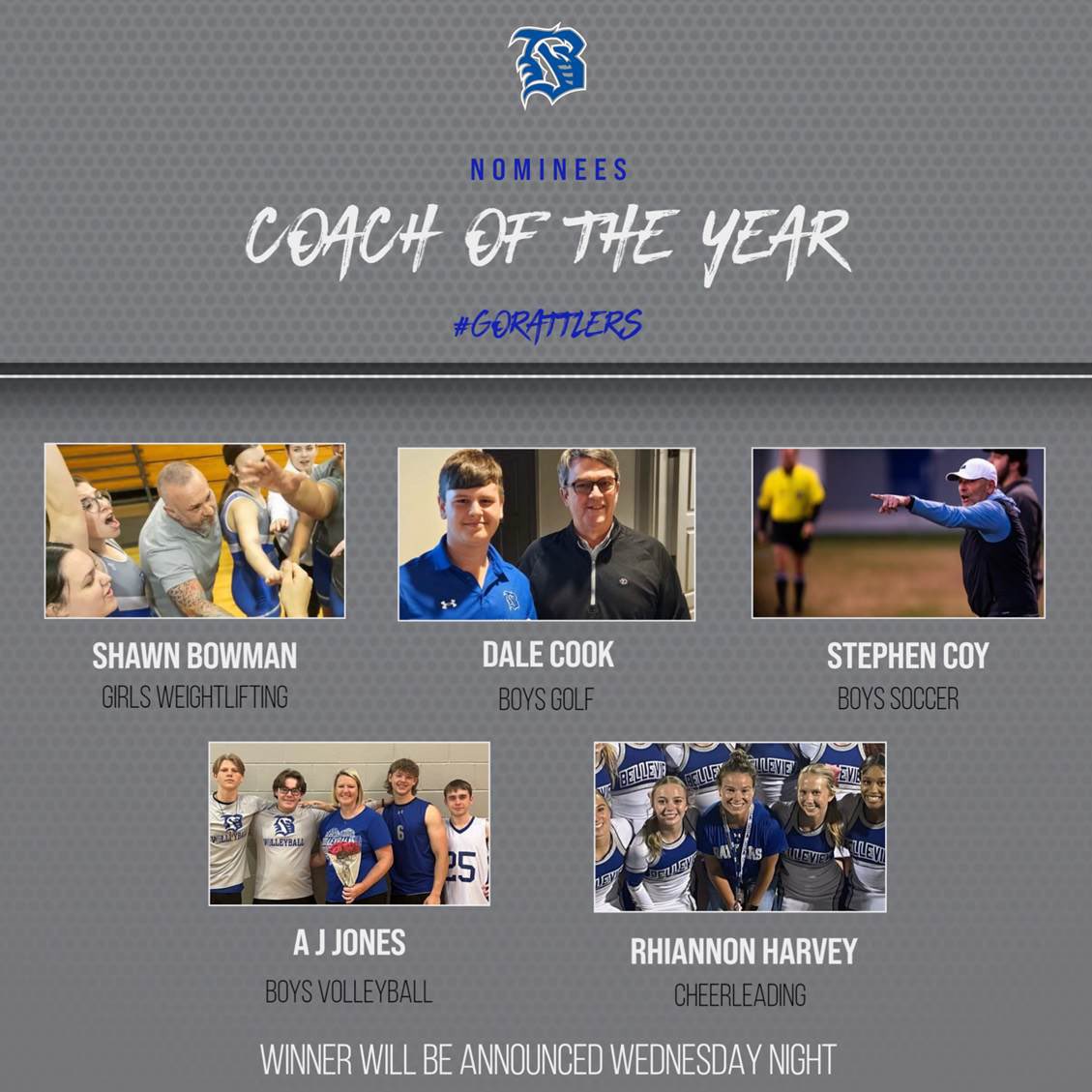 BHSRattlers (@rattlersbhs) on Twitter photo Nominees for BHS Coach of the Year
2️⃣3️⃣➖2️⃣4️⃣
Congrats to these awesome coaches!
We look forward to celebrating you at our Athletic Awards Banquet on Wednesday Night.
<a href="/BHSAthletic1/">Belleview High School Athletic Boosters</a> <a href="/BHSHappenings/">Principal Guest</a> <a href="/OcalaPreps/">Ocala Preps</a> <a href="/ThePrepZone/">The Prep Zone</a> <a href="/RAWE_RECRUITS/">Reaching Athletes With Education</a> <a href="/MCPSActivities/">Donnie Tucker - MCPS Activities Coordinator</a> <a href="/PhillipSmall/">Coach Phillip Small, CAA</a> Nominees for BHS Coach of the Year
2️⃣3️⃣➖2️⃣4️⃣
Congrats to these awesome coaches!
We look forward to celebrating you at our Athletic Awards Banquet on Wednesday Night.
<a href="/BHSAthletic1/">Belleview High School Athletic Boosters</a> <a href="/BHSHappenings/">Principal Guest</a> <a href="/OcalaPreps/">Ocala Preps</a> <a href="/ThePrepZone/">The Prep Zone</a> <a href="/RAWE_RECRUITS/">Reaching Athletes With Education</a> <a href="/MCPSActivities/">Donnie Tucker - MCPS Activities Coordinator</a> <a href="/PhillipSmall/">Coach Phillip Small, CAA</a>
