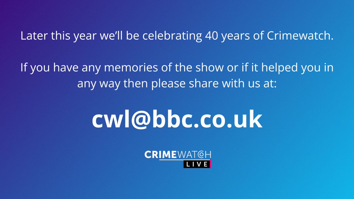 On the 7th June 2024 Crimewatch will turn 40 years old 🚔 We’ll be back later this year to mark the anniversary. If you have any memories of the show or if it helped you in any way then please share with us at cwl@bbc.co.uk 🚔