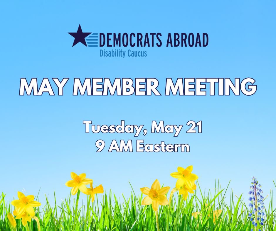 This month’s Global Disability Caucus meeting is tomorrow, Tuesday, at 9 AM Eastern, US.

Please join for a discussion of issue advocacy, event planning, and take action to get out the vote.

RSVP: democratsabroad.org/marnie_delaney…

#CripTheVote #DisabilityTwitter #DemocratsAbroad