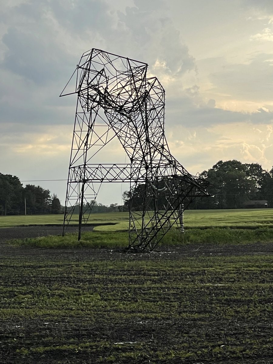 XLSarge's tweet image. A lot of utility poles and power lines down including transmission towers. These are on CR 400 S between CR 425 W and CR 500 W in Scipio Township La Porte County