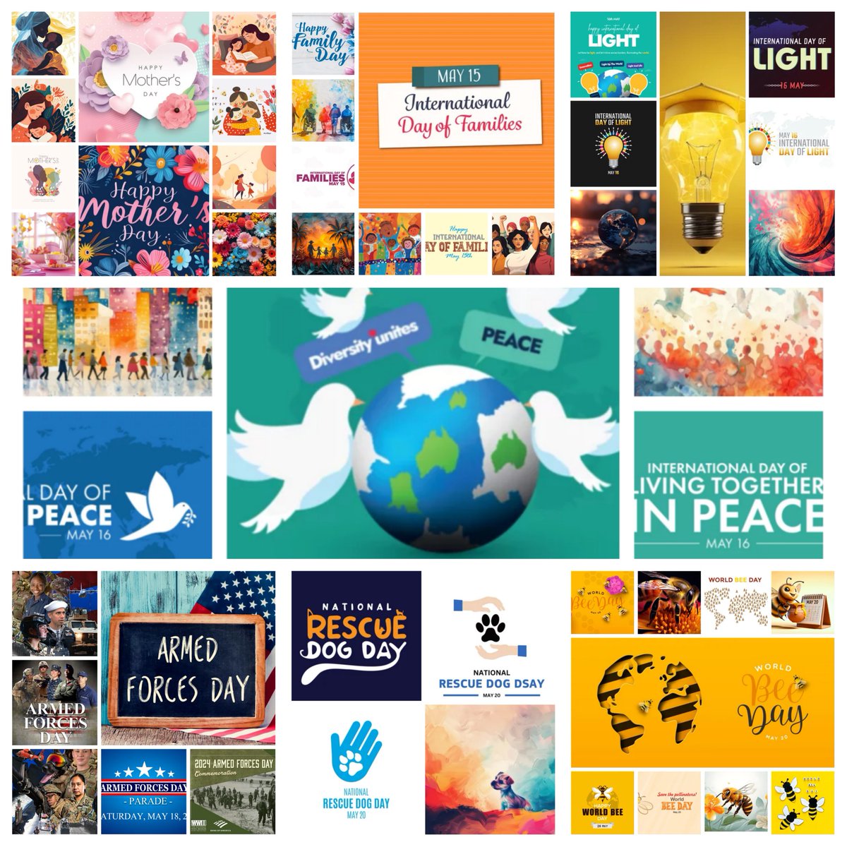 Here are some more events in May to consider. 💕🙏🏾🕊
🎊May your month be rich, blessed, and productive.✨️
 #WorldBeeDay #MothersDay #InternationalDayofFamilies
#InternationalDayofLight
#InternationalDayofLivingTogetherinPeace #ArmedForcesDay
#NationalRescueDogDay #ceasefirenow