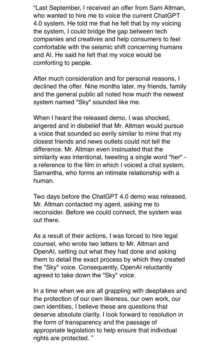 Scarlett Johansson quickly and completely shutting down another #AI scammer (Sam Altman and OpenAI, natch).
variety.com/2024/digital/n…